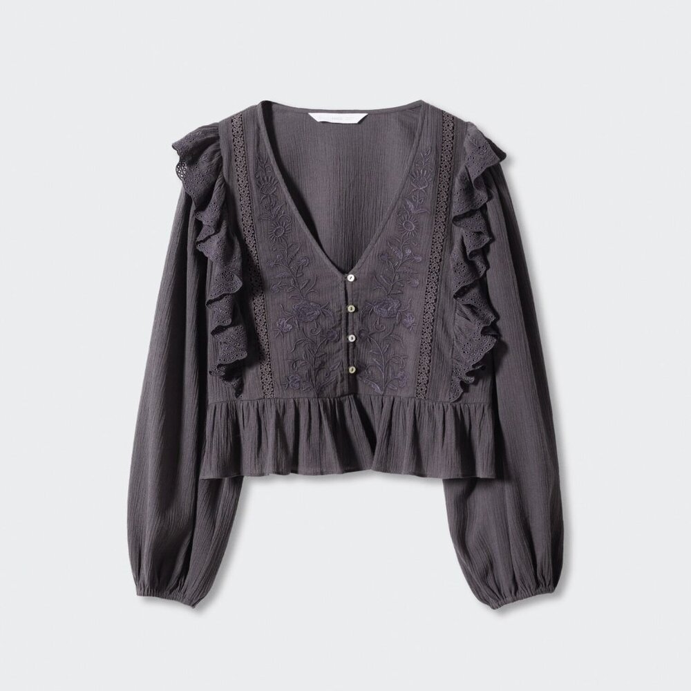 Mango Embroidered Ruffle Balloon Sleeve Blouse Boho Piratecore Poet Charcoal L